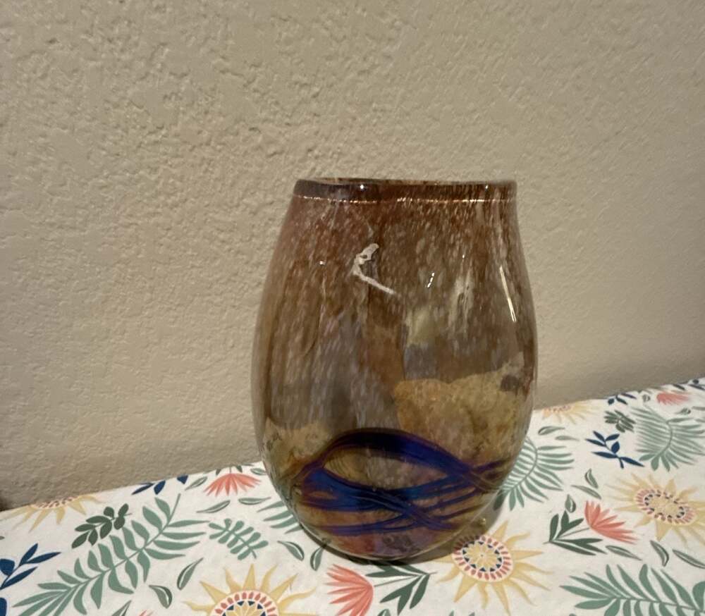 Artisan Hand-Blown Iridescent Amber Glass Vase with Cobalt Blue Swirl Detail